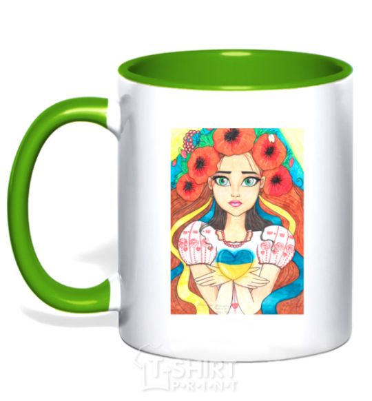 Mug with a colored handle Ukrainian woman with poppies kelly-green фото