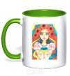 Mug with a colored handle Ukrainian woman with poppies kelly-green фото