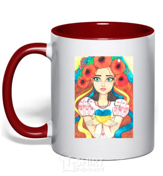 Mug with a colored handle Ukrainian woman with poppies red фото