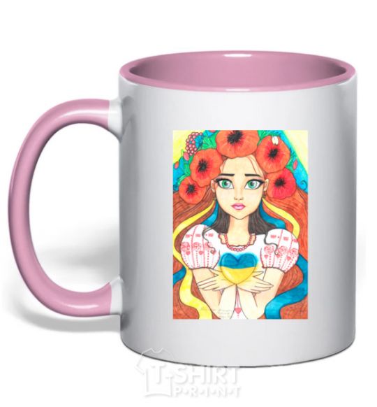 Mug with a colored handle Ukrainian woman with poppies light-pink фото