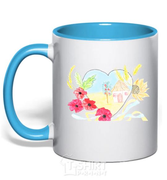 Mug with a colored handle Ukrainian house sky-blue фото