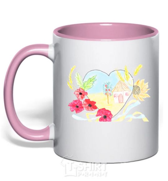 Mug with a colored handle Ukrainian house light-pink фото