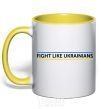 Mug with a colored handle Fight like Ukraininan yellow фото