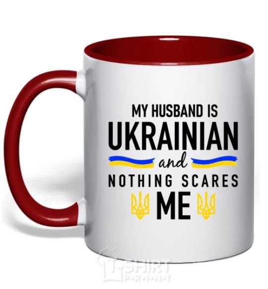 Mug with a colored handle My husband is ukrainian red фото