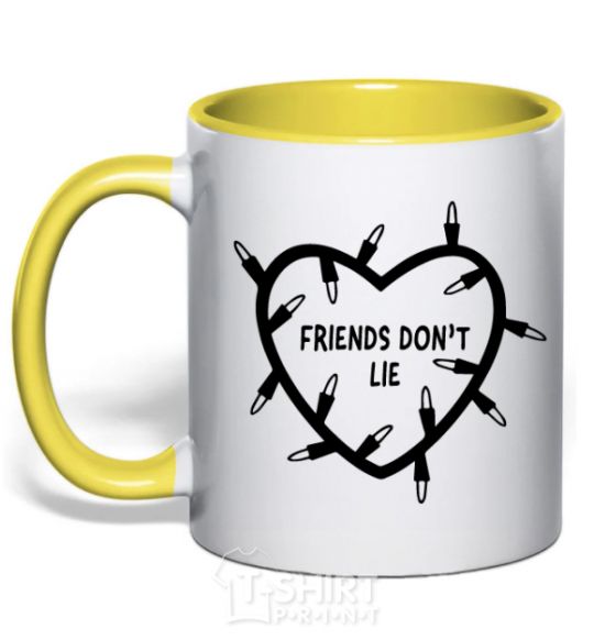 Mug with a colored handle Friends dont lie yellow фото