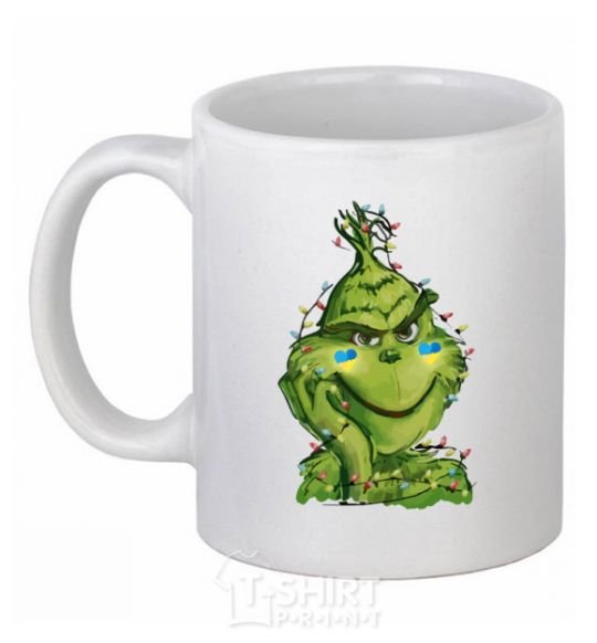 Ceramic mug Ukrainian garlanded grinch White фото