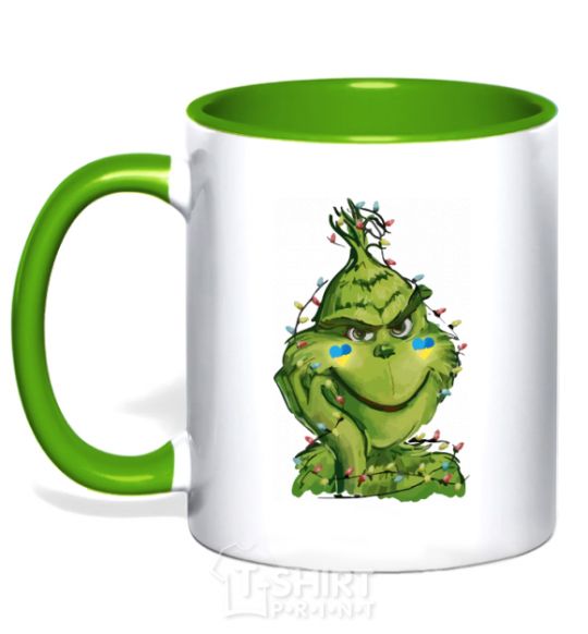 Mug with a colored handle Ukrainian garlanded grinch kelly-green фото