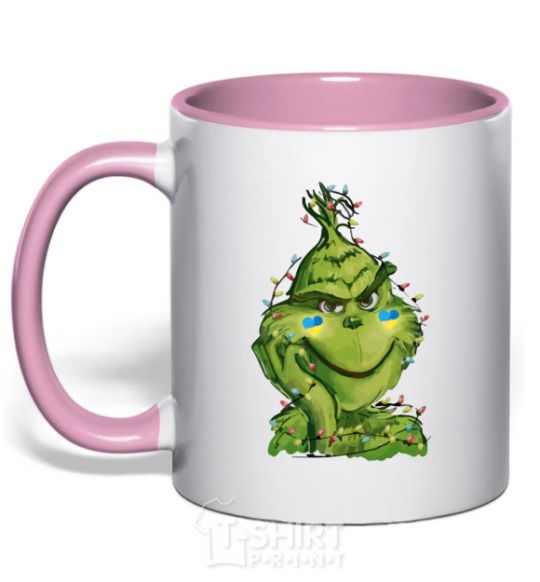Mug with a colored handle Ukrainian garlanded grinch light-pink фото