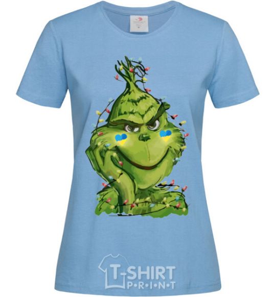 Women's T-shirt Ukrainian garlanded grinch sky-blue фото