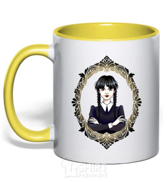 Mug with a colored handle Wednesday frame yellow фото