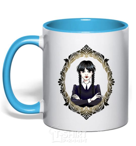 Mug with a colored handle Wednesday frame sky-blue фото