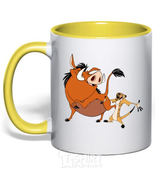 Mug with a colored handle Timon and Pumba yellow фото