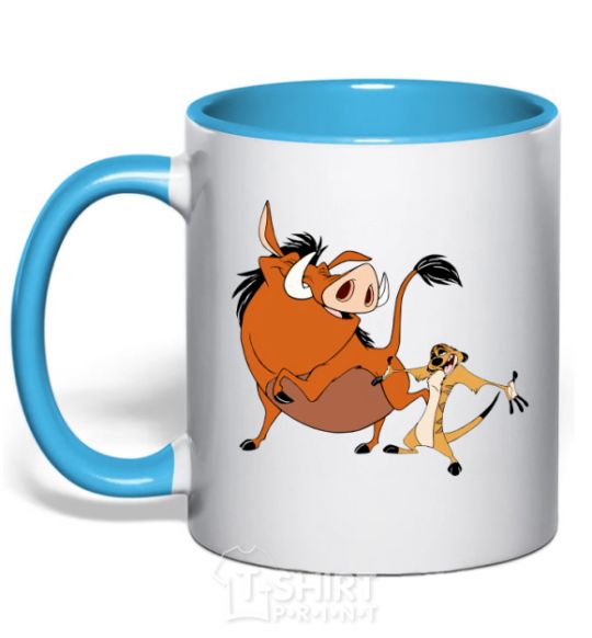 Mug with a colored handle Timon and Pumba sky-blue фото