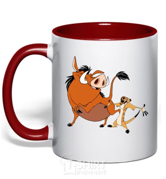 Mug with a colored handle Timon and Pumba red фото