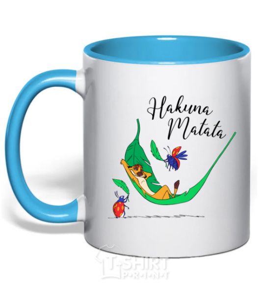 Mug with a colored handle Hakuna Matata sky-blue фото