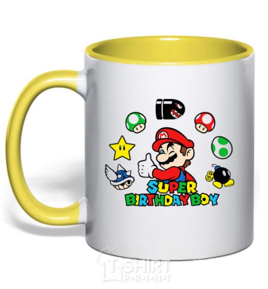 Mug with a colored handle Super birthday boy yellow фото