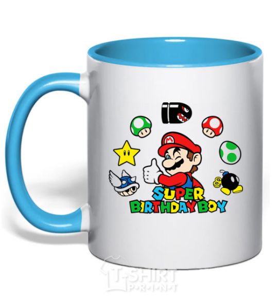 Mug with a colored handle Super birthday boy sky-blue фото