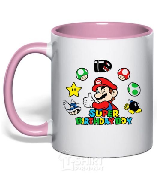 Mug with a colored handle Super birthday boy light-pink фото