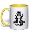 Mug with a colored handle Tasmanian Devil yellow фото