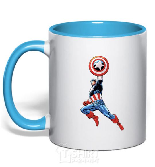Mug with a colored handle Captain America with a shield sky-blue фото
