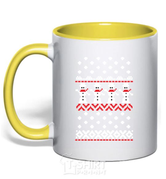 Mug with a colored handle SNOWMEN yellow фото