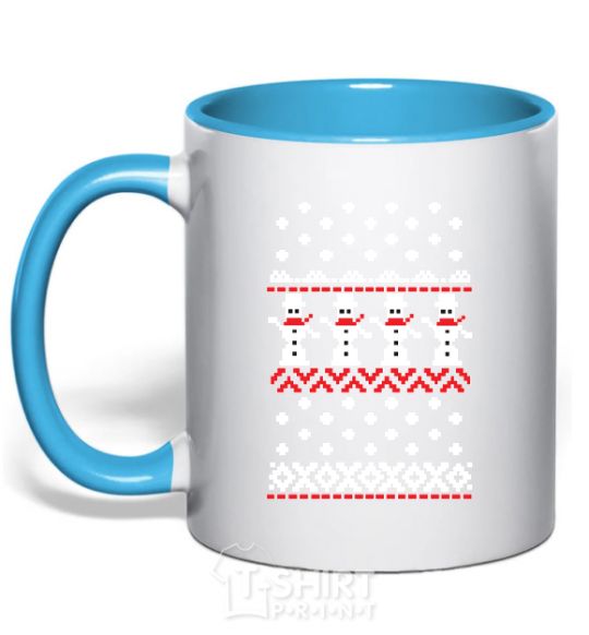 Mug with a colored handle SNOWMEN sky-blue фото