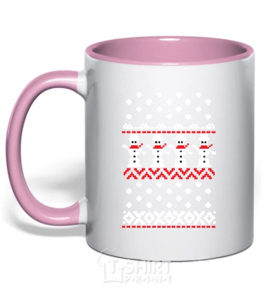 Mug with a colored handle SNOWMEN light-pink фото