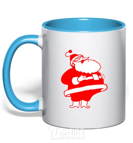 Mug with a colored handle Fat Santa Claus drawing sky-blue фото