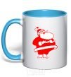 Mug with a colored handle Fat Santa Claus drawing sky-blue фото