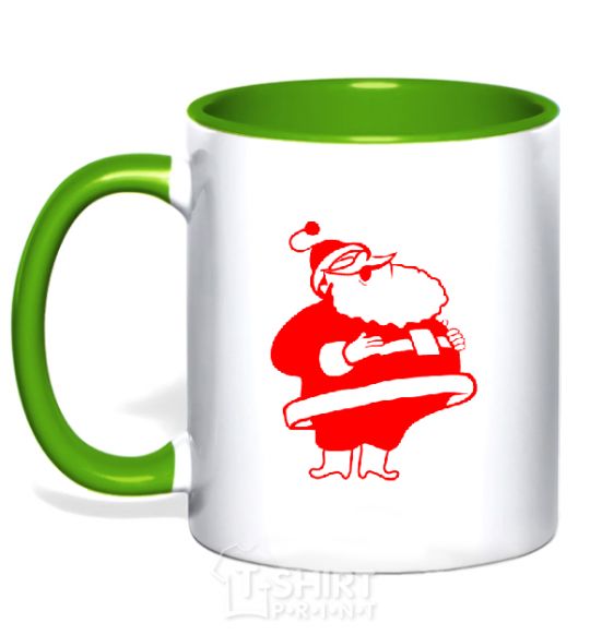 Mug with a colored handle Fat Santa Claus drawing kelly-green фото