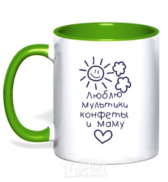 Mug with a colored handle I love cartoons, candy, and my mom. kelly-green фото