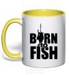 Mug with a colored handle BORN TO FISH yellow фото