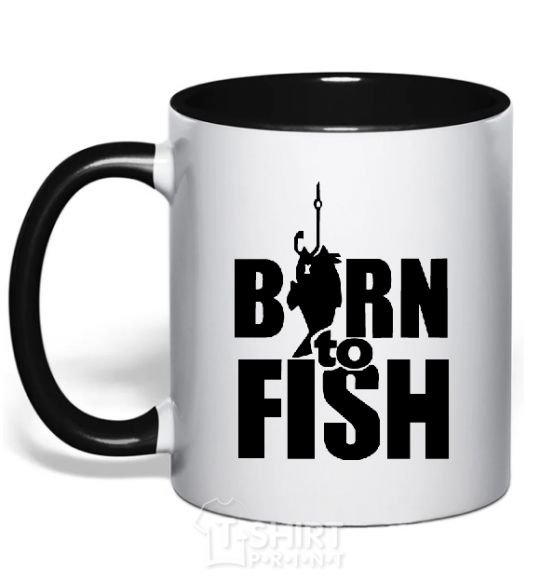 Mug with a colored handle BORN TO FISH black фото