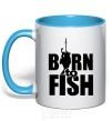 Mug with a colored handle BORN TO FISH sky-blue фото