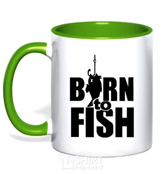 Mug with a colored handle BORN TO FISH kelly-green фото