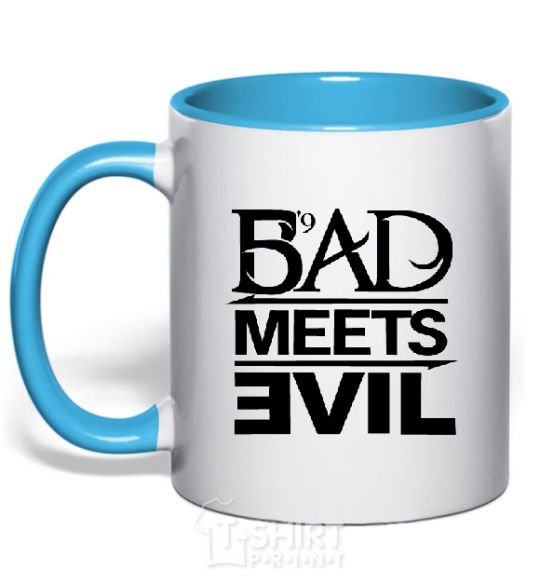 Mug with a colored handle BAD MEETS EVIL sky-blue фото