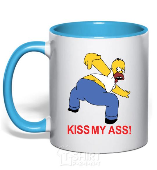 Mug with a colored handle KISS MY ASS Homer simpson sky-blue фото