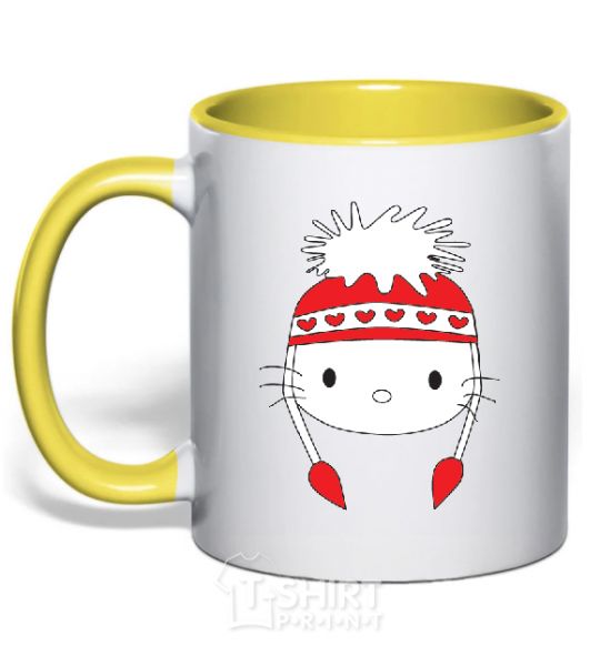 Mug with a colored handle Hello kitty in caps yellow фото