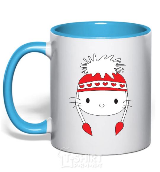 Mug with a colored handle Hello kitty in caps sky-blue фото