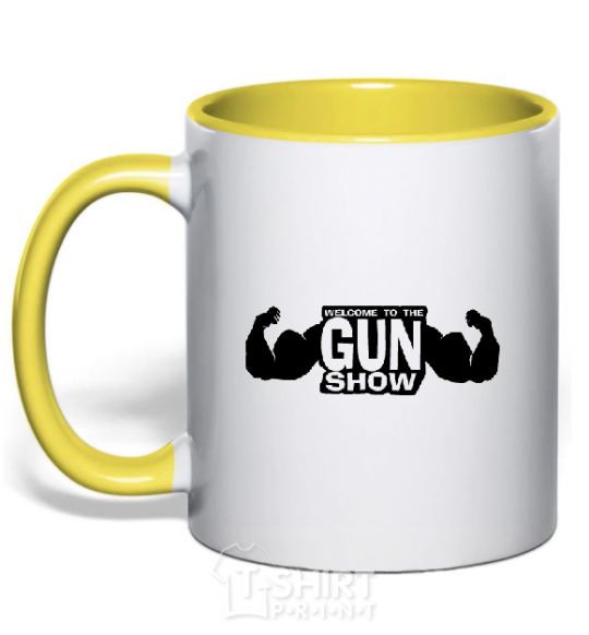 Mug with a colored handle WELCOME TO THE GUN SHOW yellow фото