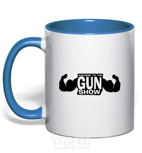 Mug with a colored handle WELCOME TO THE GUN SHOW royal-blue фото