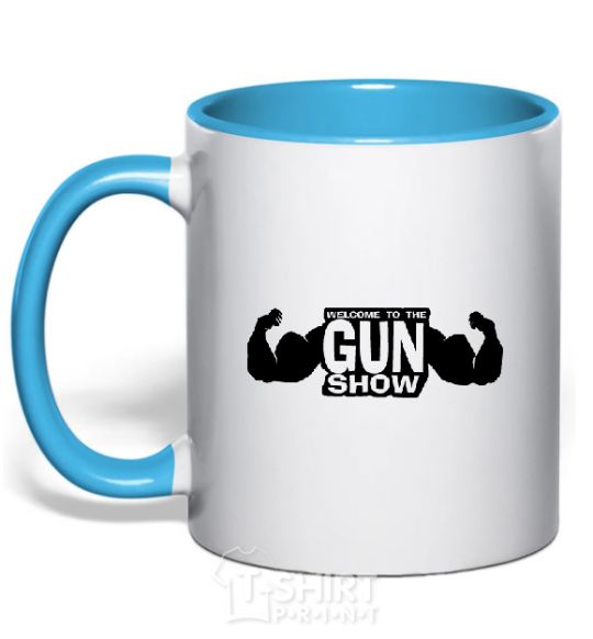 Mug with a colored handle WELCOME TO THE GUN SHOW sky-blue фото