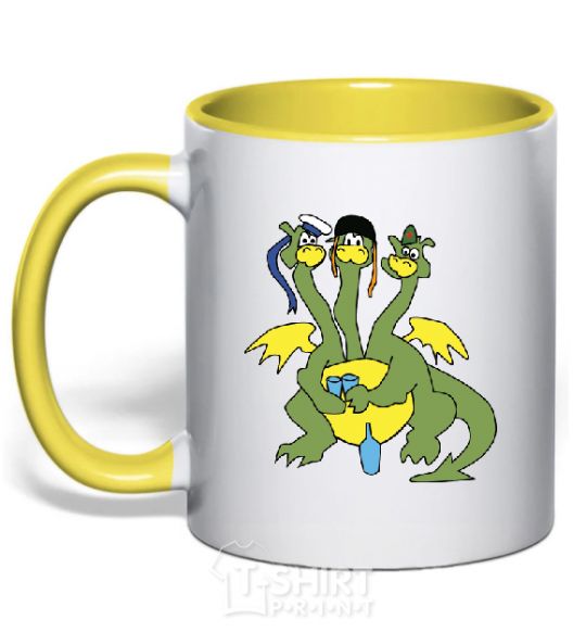 Mug with a colored handle 3 headed dragon yellow фото