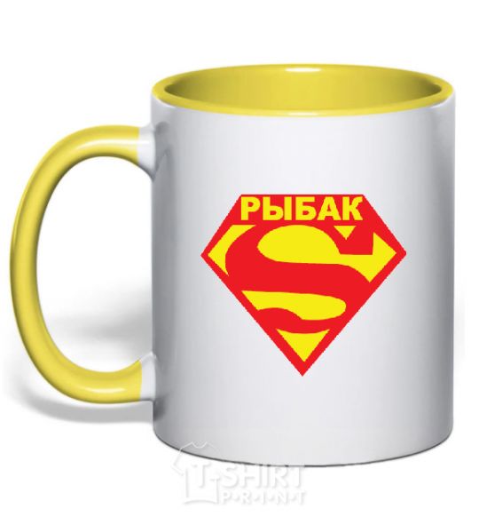 Mug with a colored handle SUPER FISHMAN yellow фото
