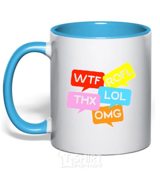 Mug with a colored handle WTF sky-blue фото