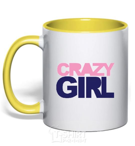 Mug with a colored handle CRAZY GIRL yellow фото