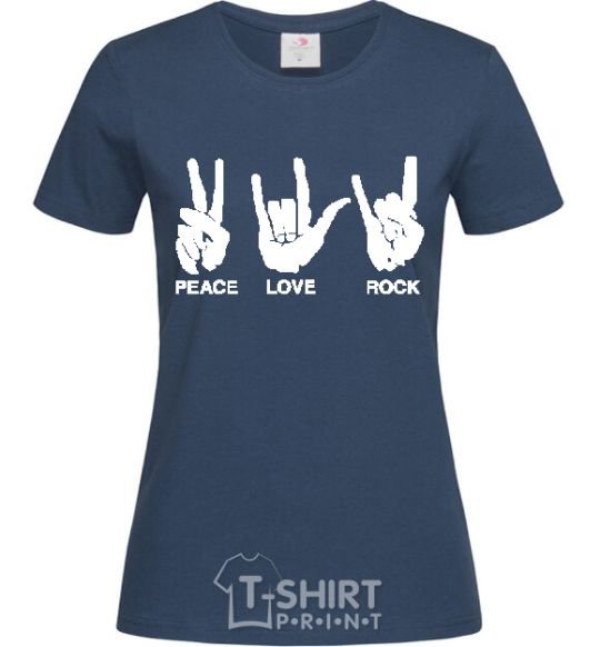 Women's T-shirt PEACE LOVE ROCK navy-blue фото