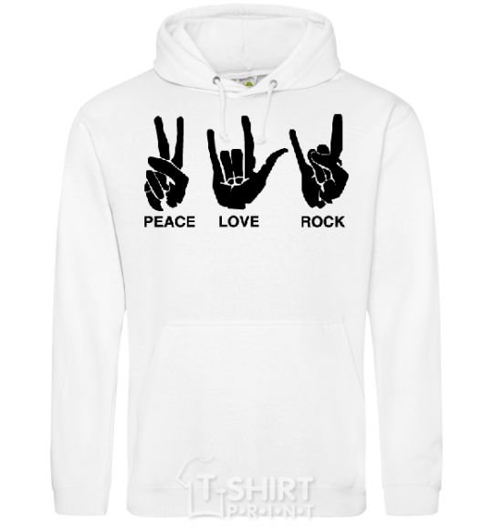 Men`s hoodie PEACE LOVE ROCK White фото