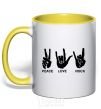 Mug with a colored handle PEACE LOVE ROCK yellow фото