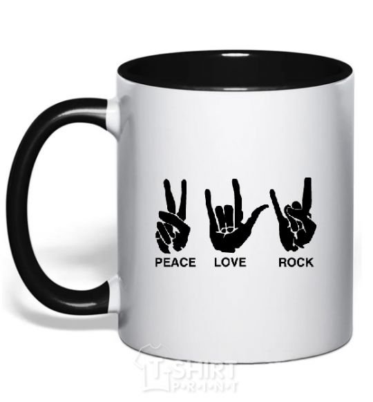 Mug with a colored handle PEACE LOVE ROCK black фото